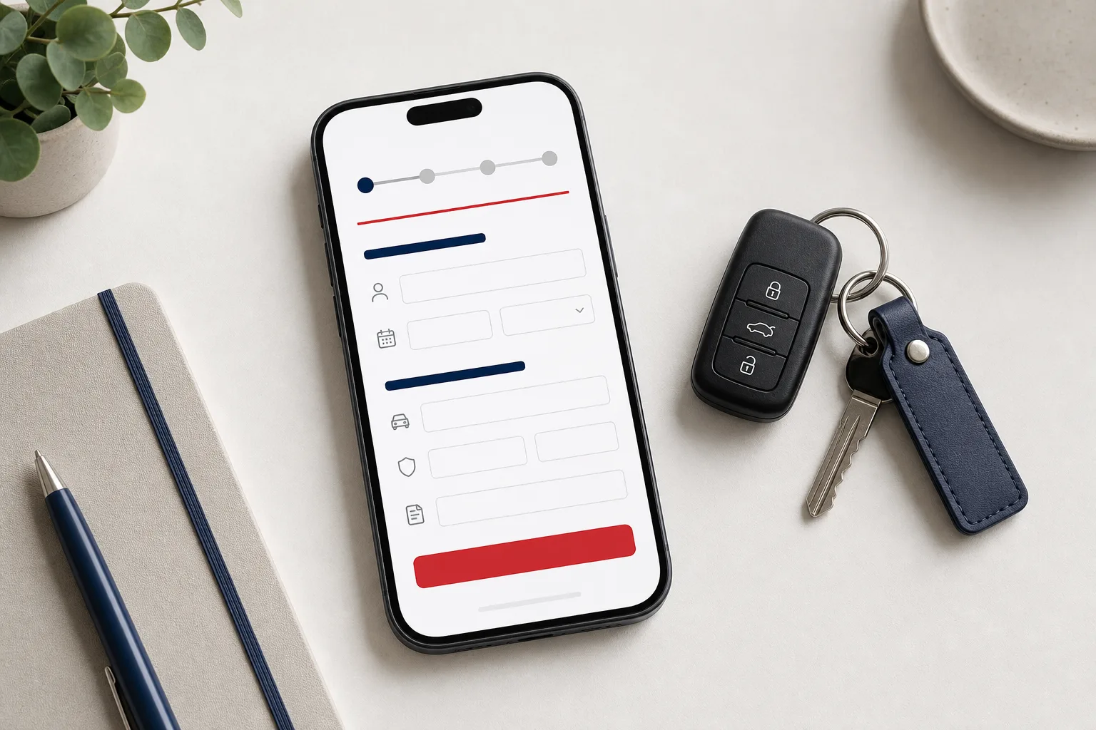 A phone showing an FR-44 filing form next to car keys