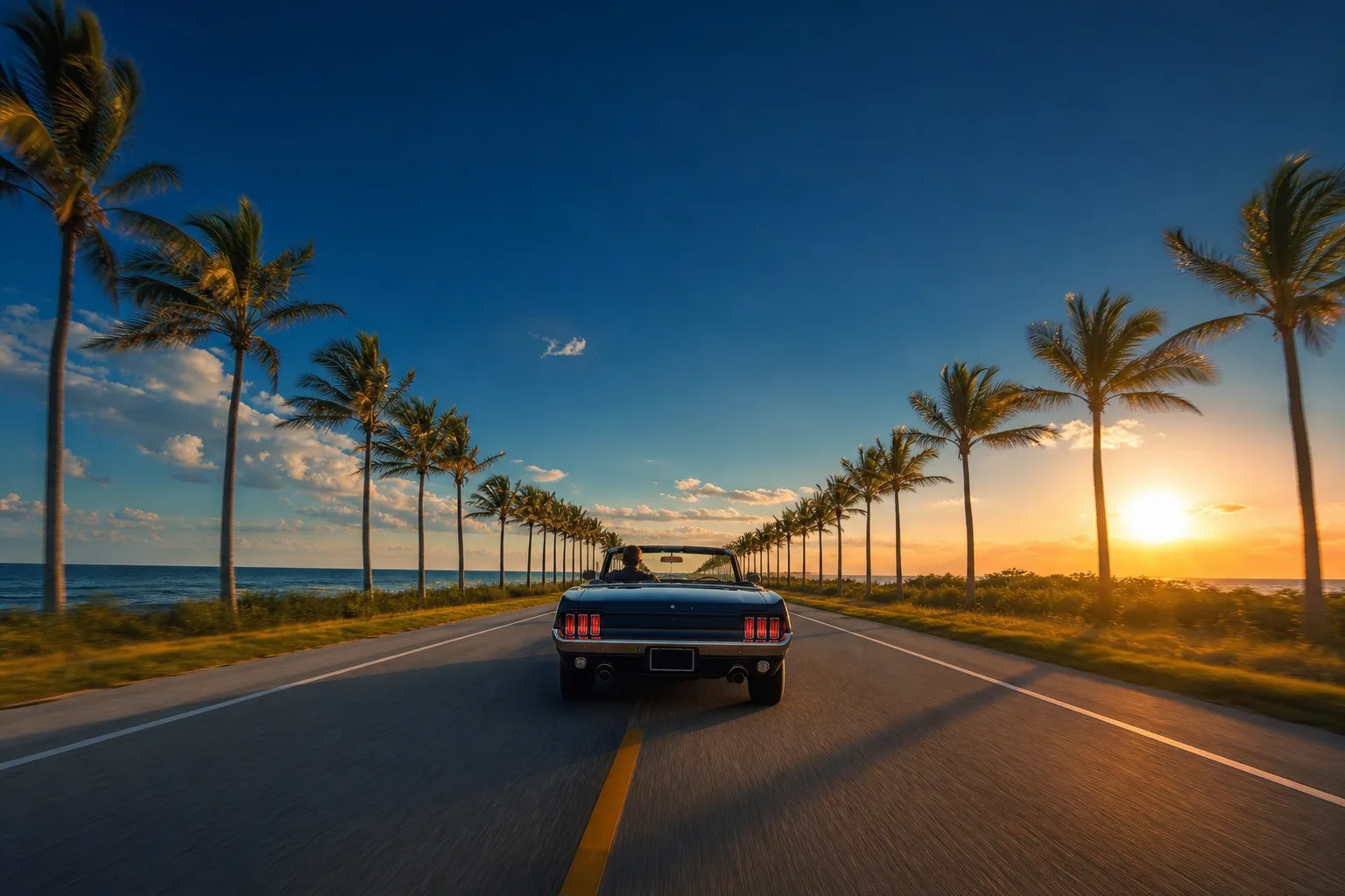 A car driving down an open palm-lined Florida highway