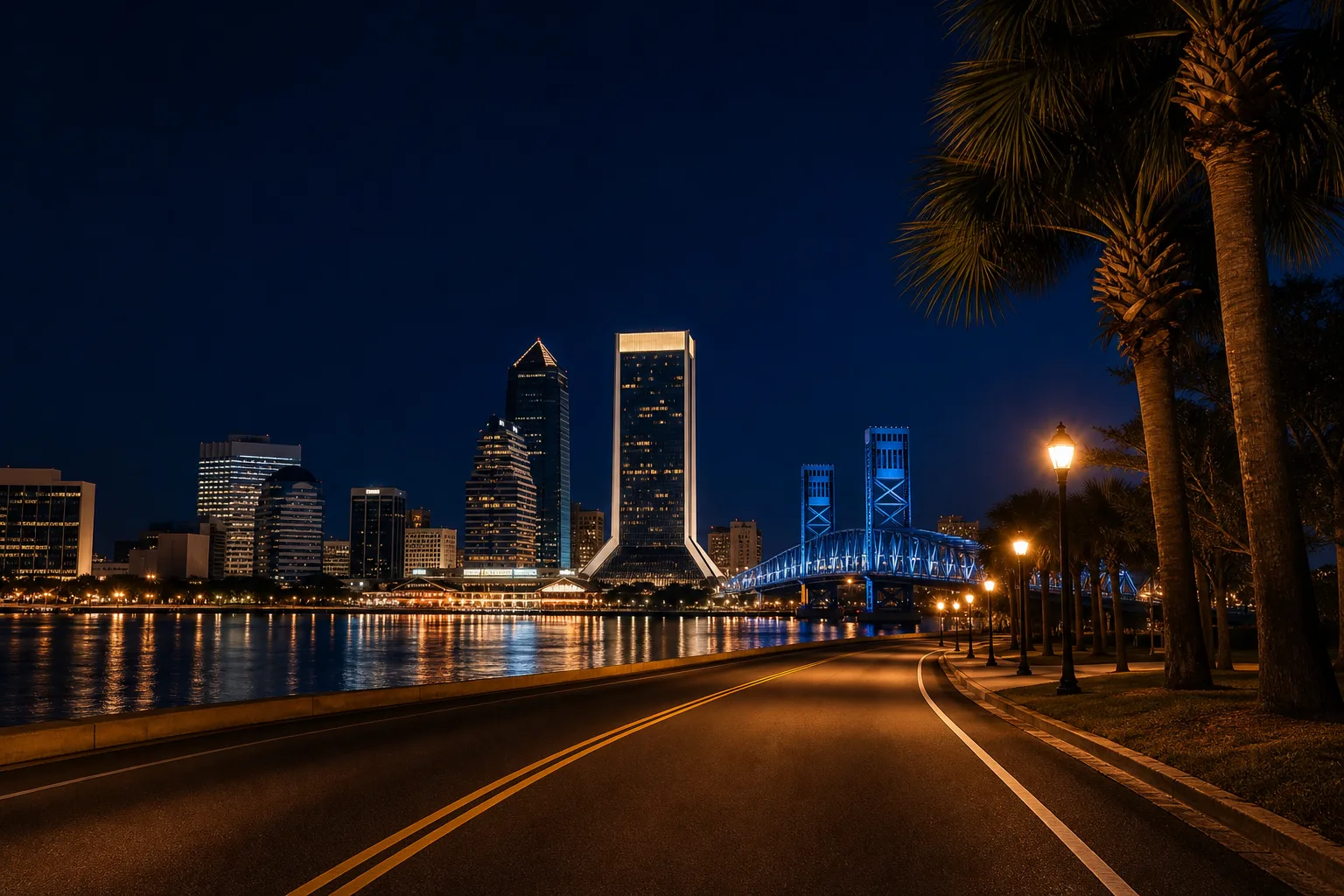A quiet Jacksonville road at night after a DUI, representing the FR-44 requirement