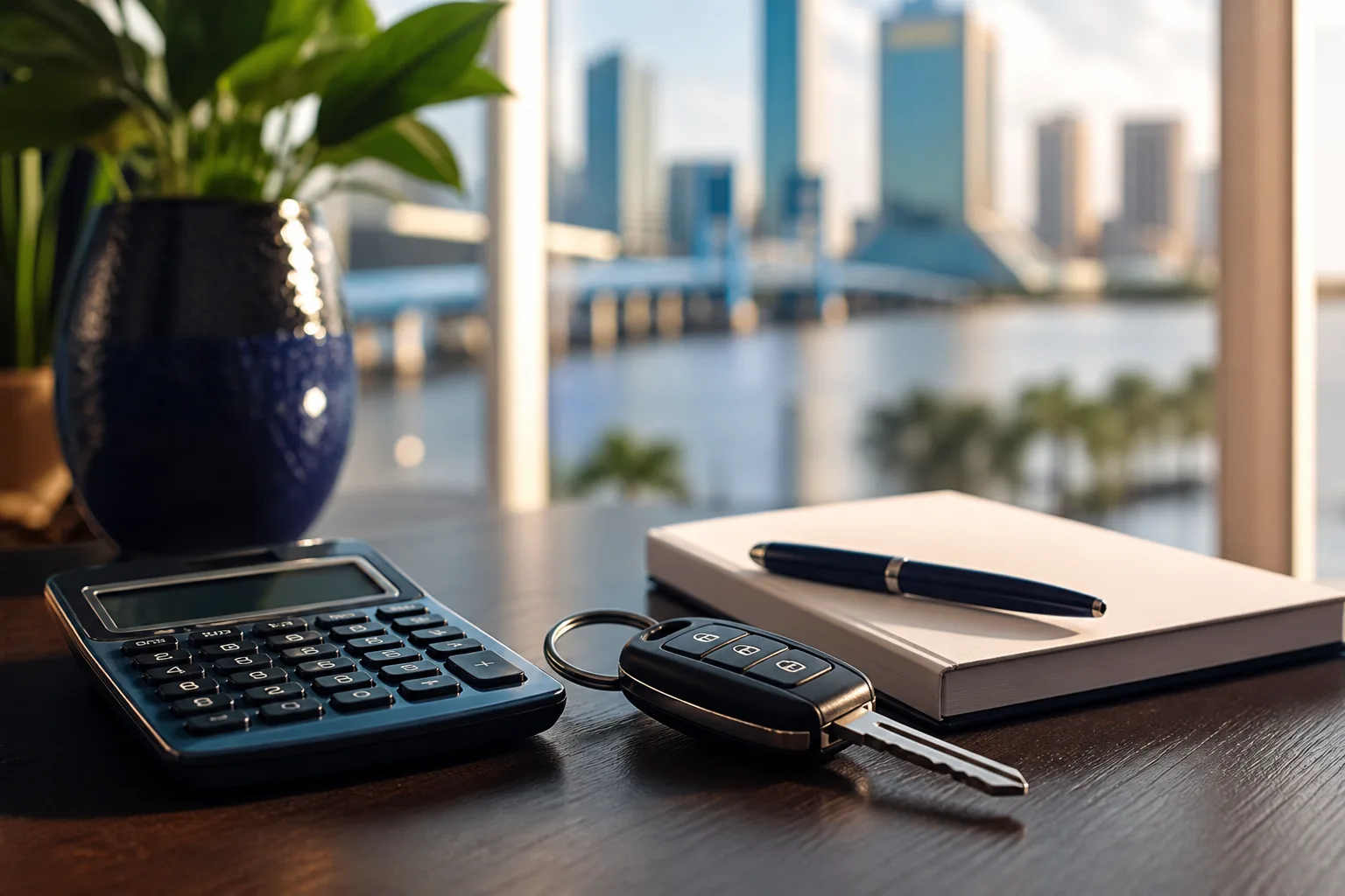 A desk in Jacksonville with a calculator, a laptop showing insurance quotes, and car keys