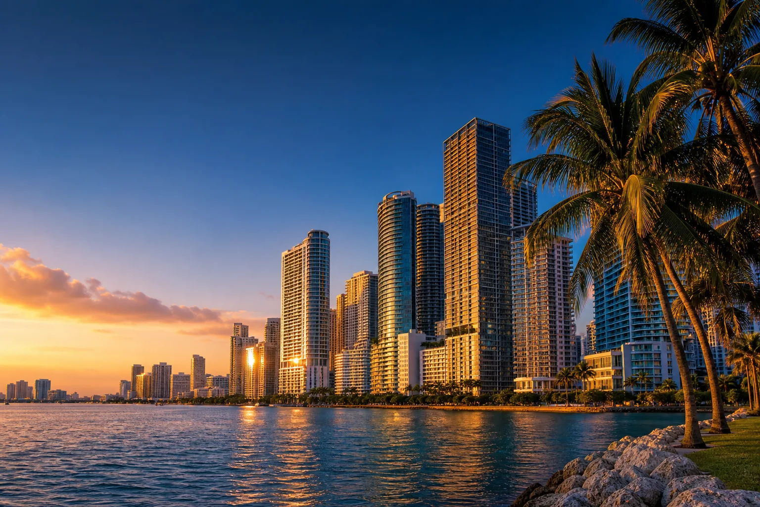 The Miami skyline and Brickell towers over Biscayne Bay