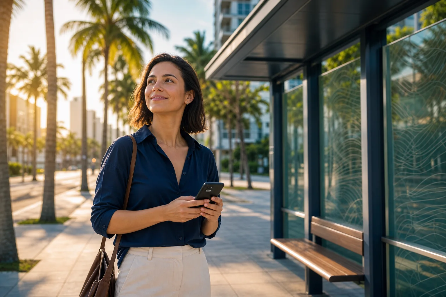 A person on a Florida sidewalk near a bus stop with palm trees