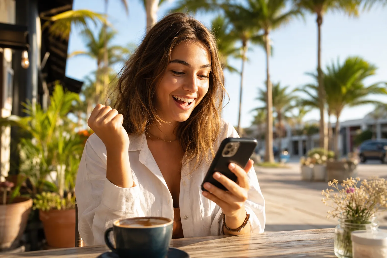 A relieved person seeing an affordable quote on their phone in Florida