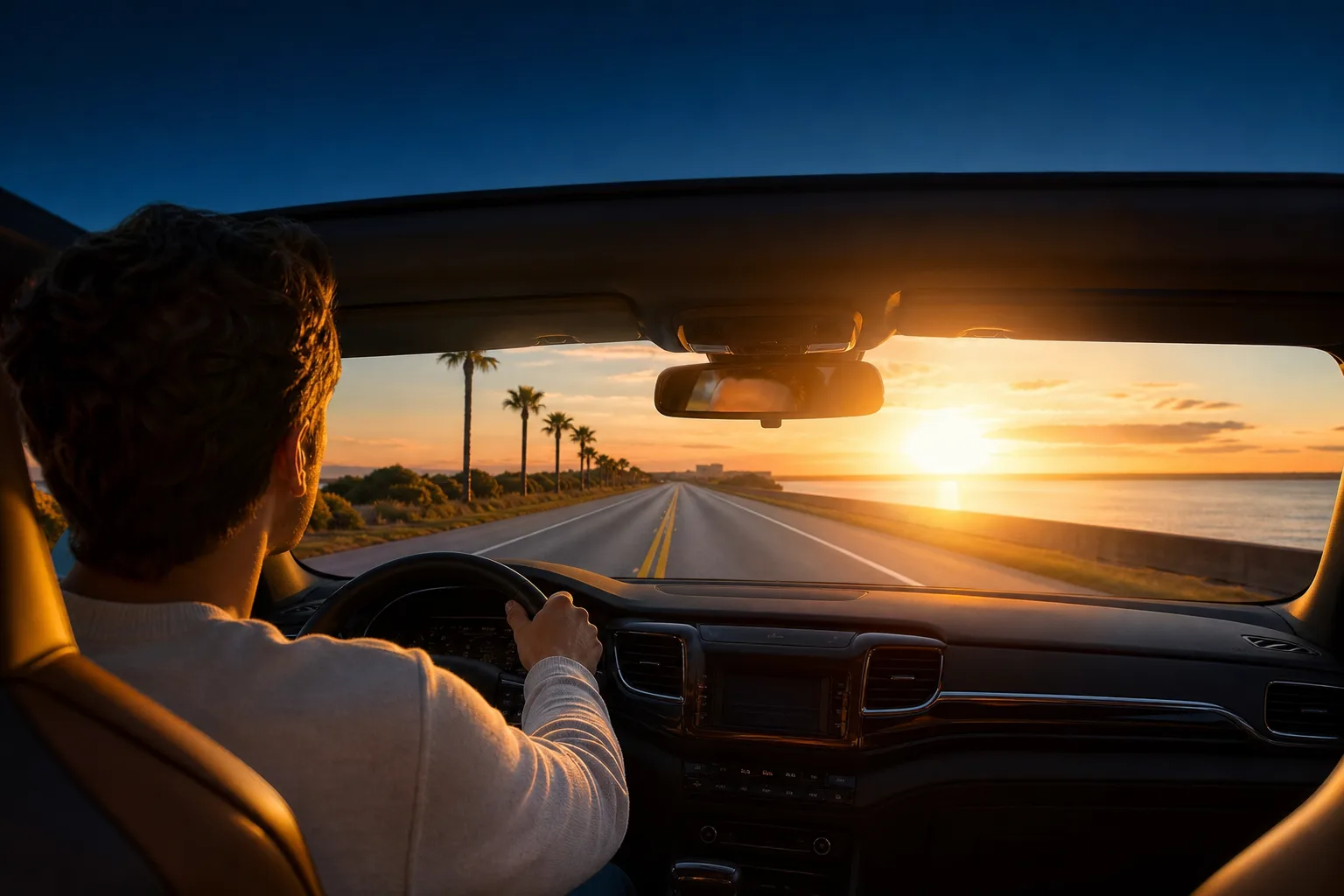 A hopeful driver on an open Florida road at sunrise