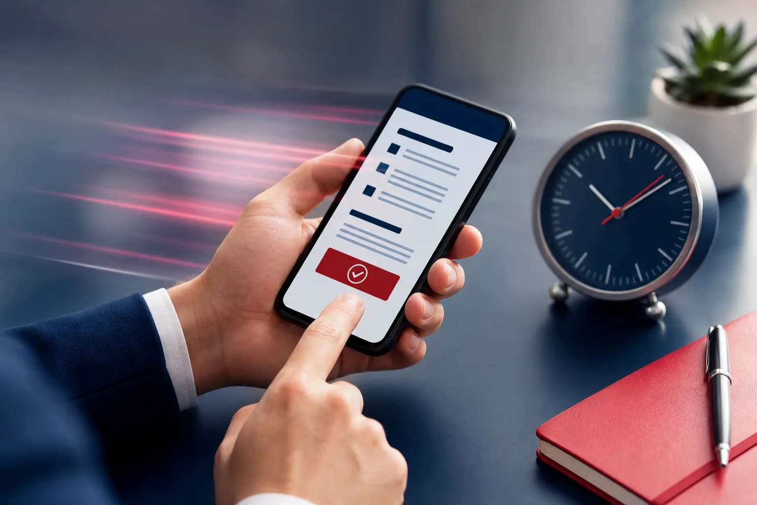 Hands submitting an FR-44 filing on a phone