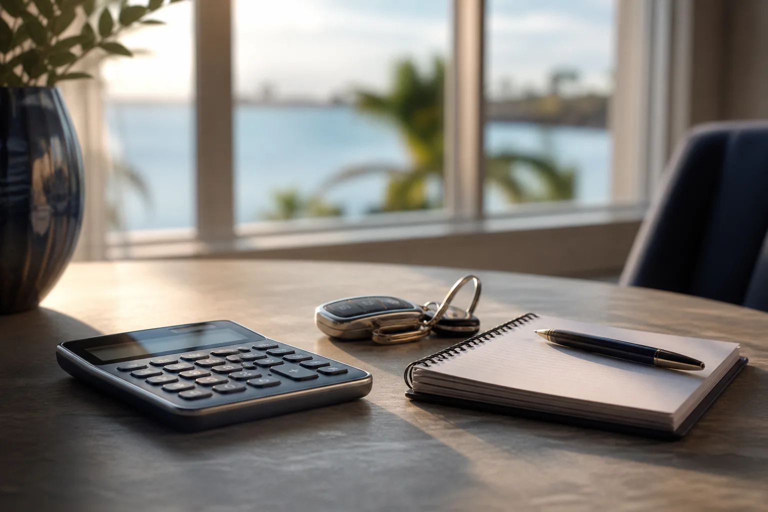 A laptop, a calculator, and car keys on a desk in Sarasota, representing an FR-44 quote comparison